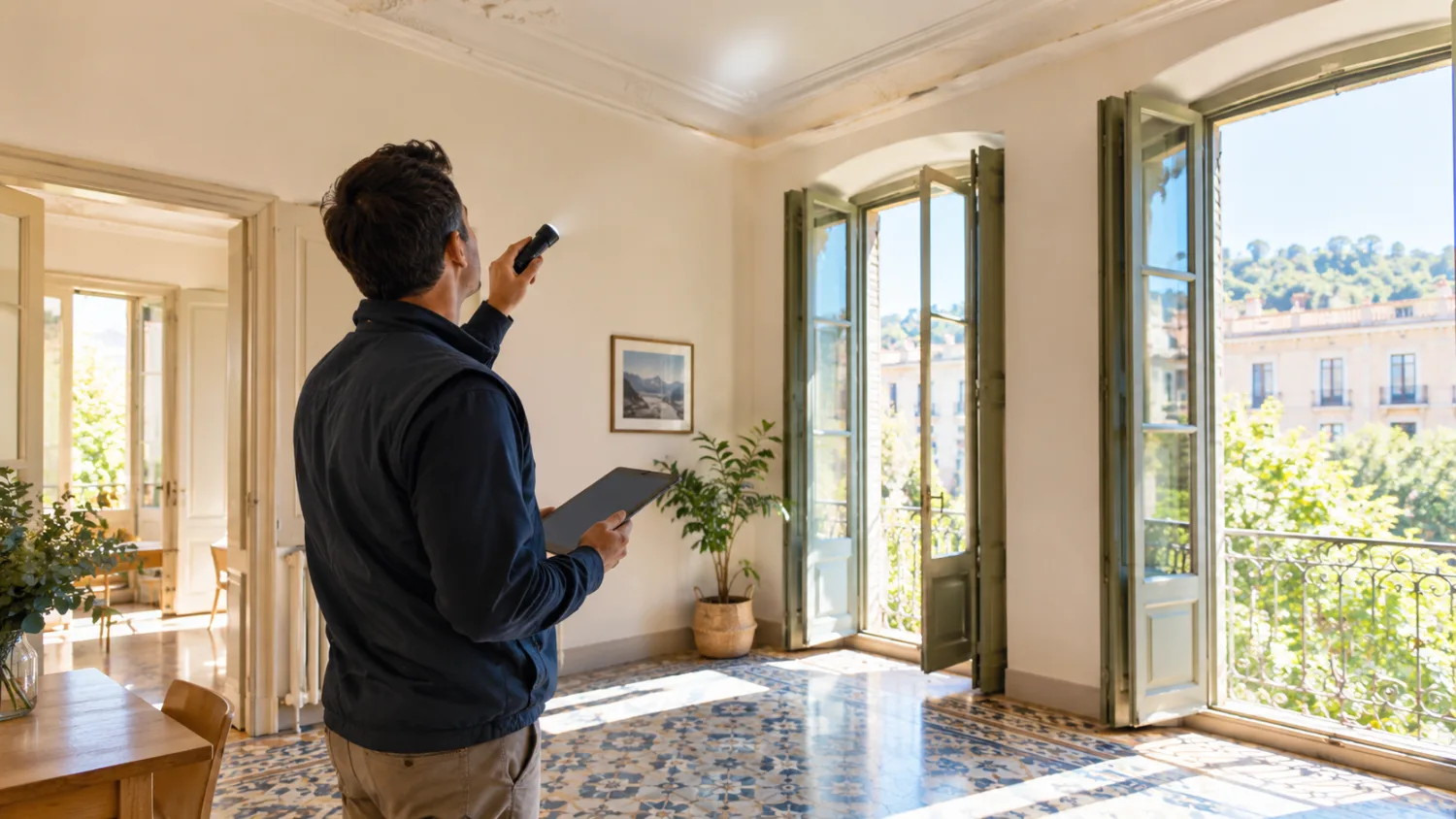 Técnico realizando la inspección visual de amianto en un piso antiguo antes de venderlo o alquilarlo